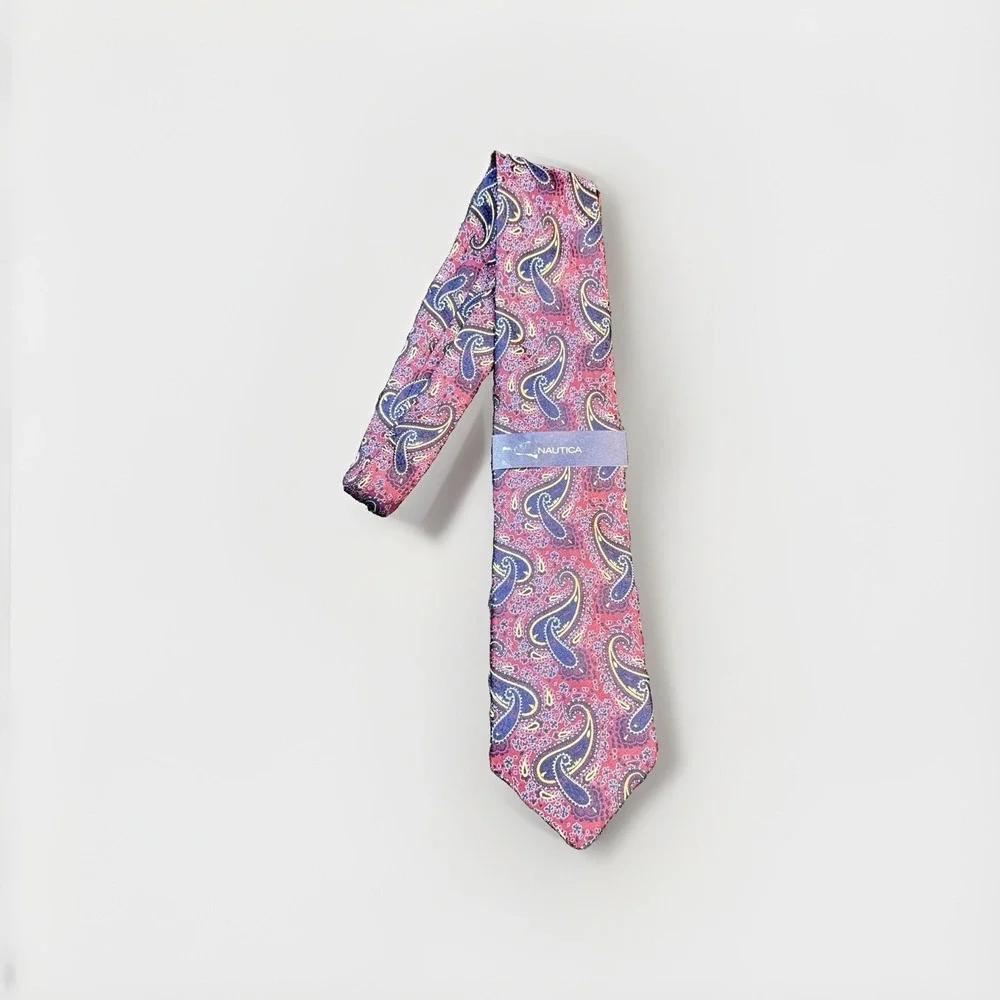Men's Nautica Paisley Burgandy Blue Yellow Tie 100% Silk L: 59